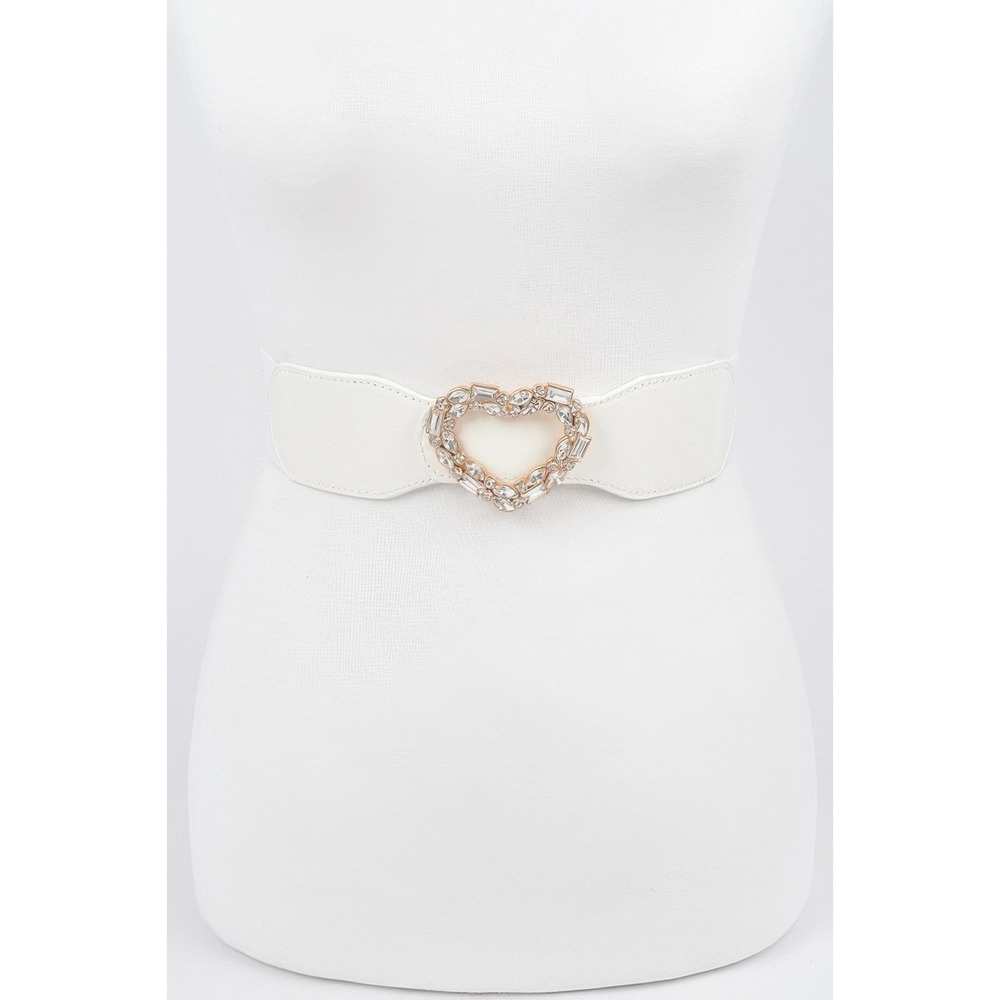 Heart Buckle Belt Womens White NEW Rhinestone Crystal Elastic